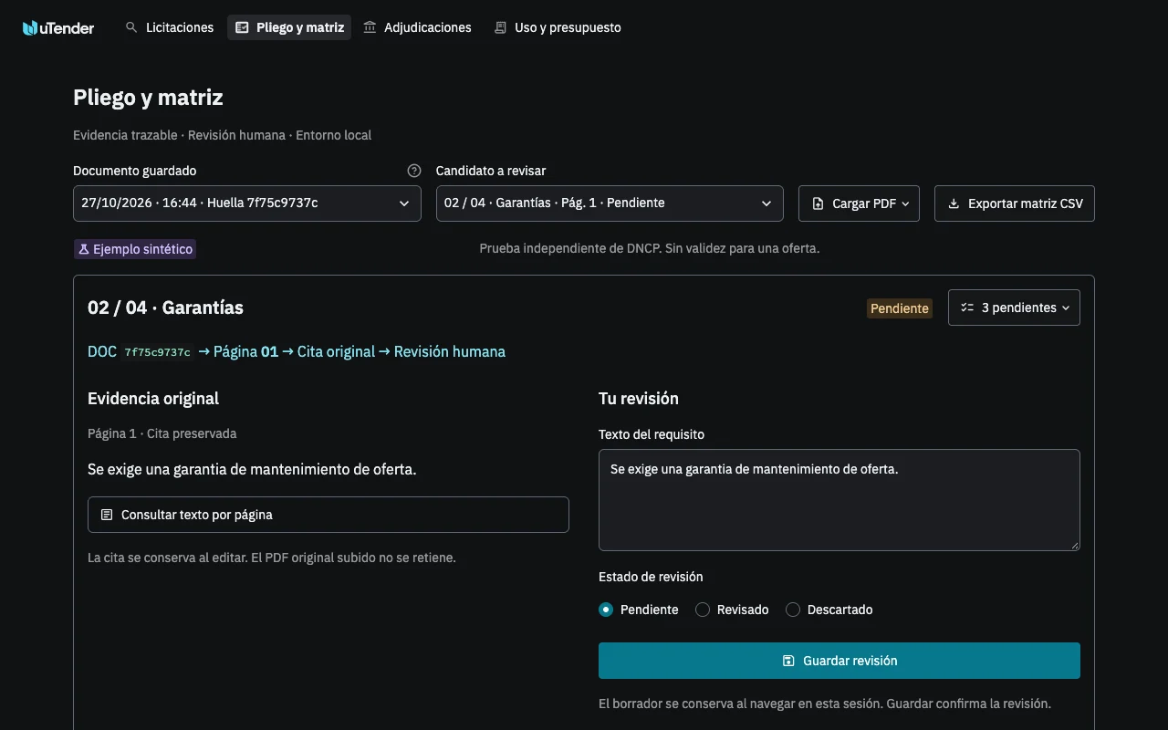 Captura del prototipo de uTender: cita original y revisión de un requisito de garantía, ejemplo sintético